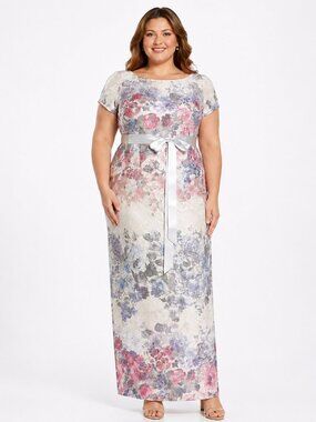 Adrianna Papell Metallic Floral Matelassé Column Gown 16 NWT